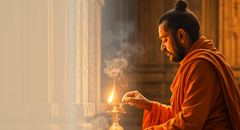A monk holding a lit oil lamp inside a temple corridor