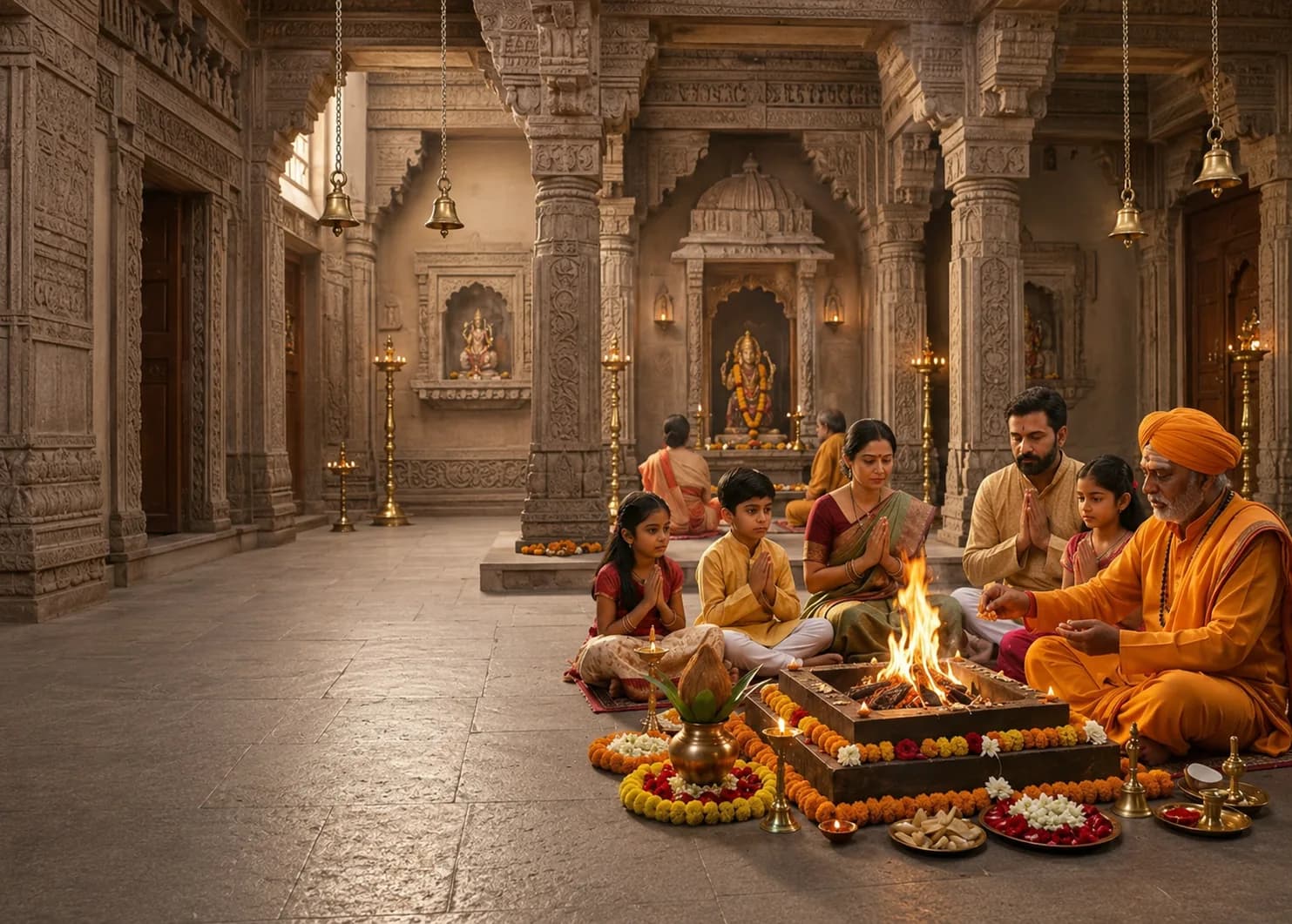Family performing a sacred havan fire ceremony with a pandit