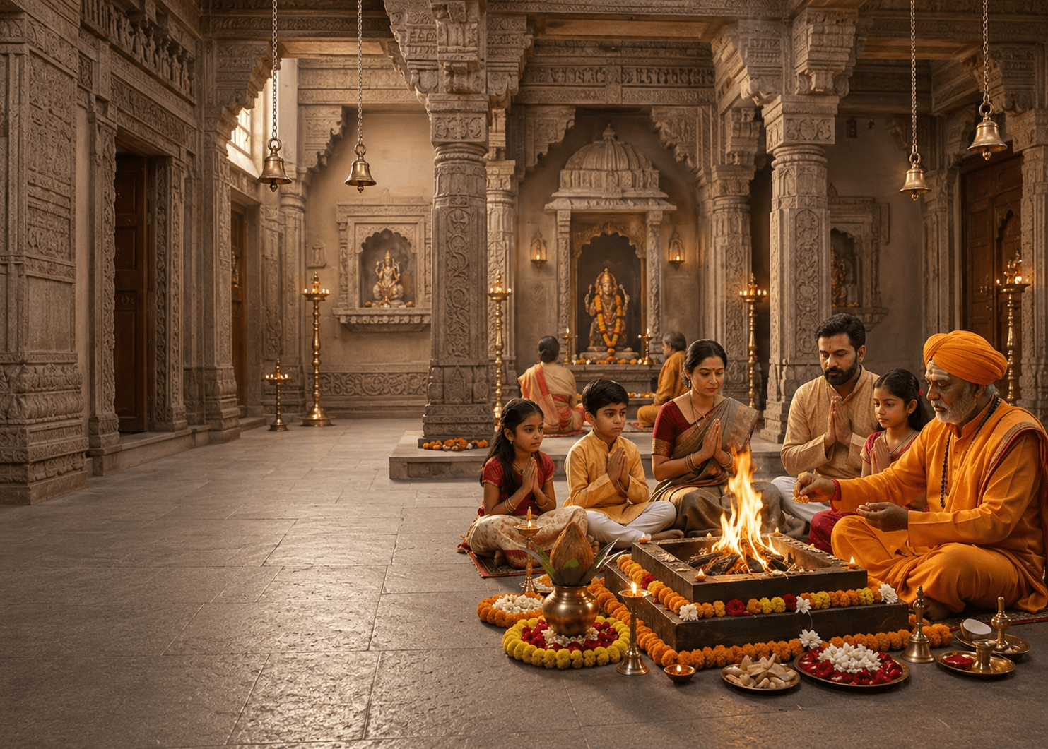 Family performing a sacred havan fire ceremony with a pandit