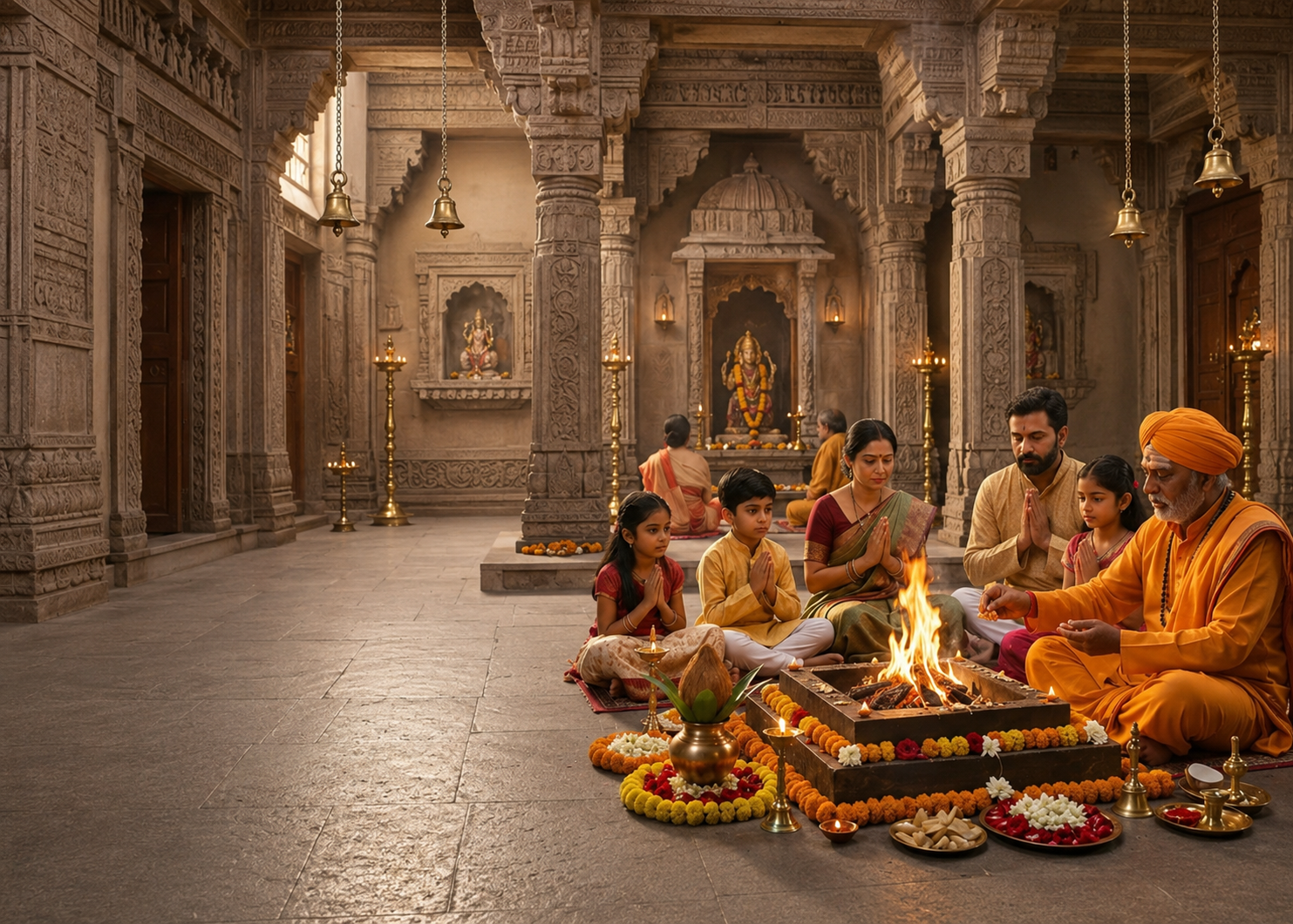 Family performing a sacred havan fire ceremony with a pandit